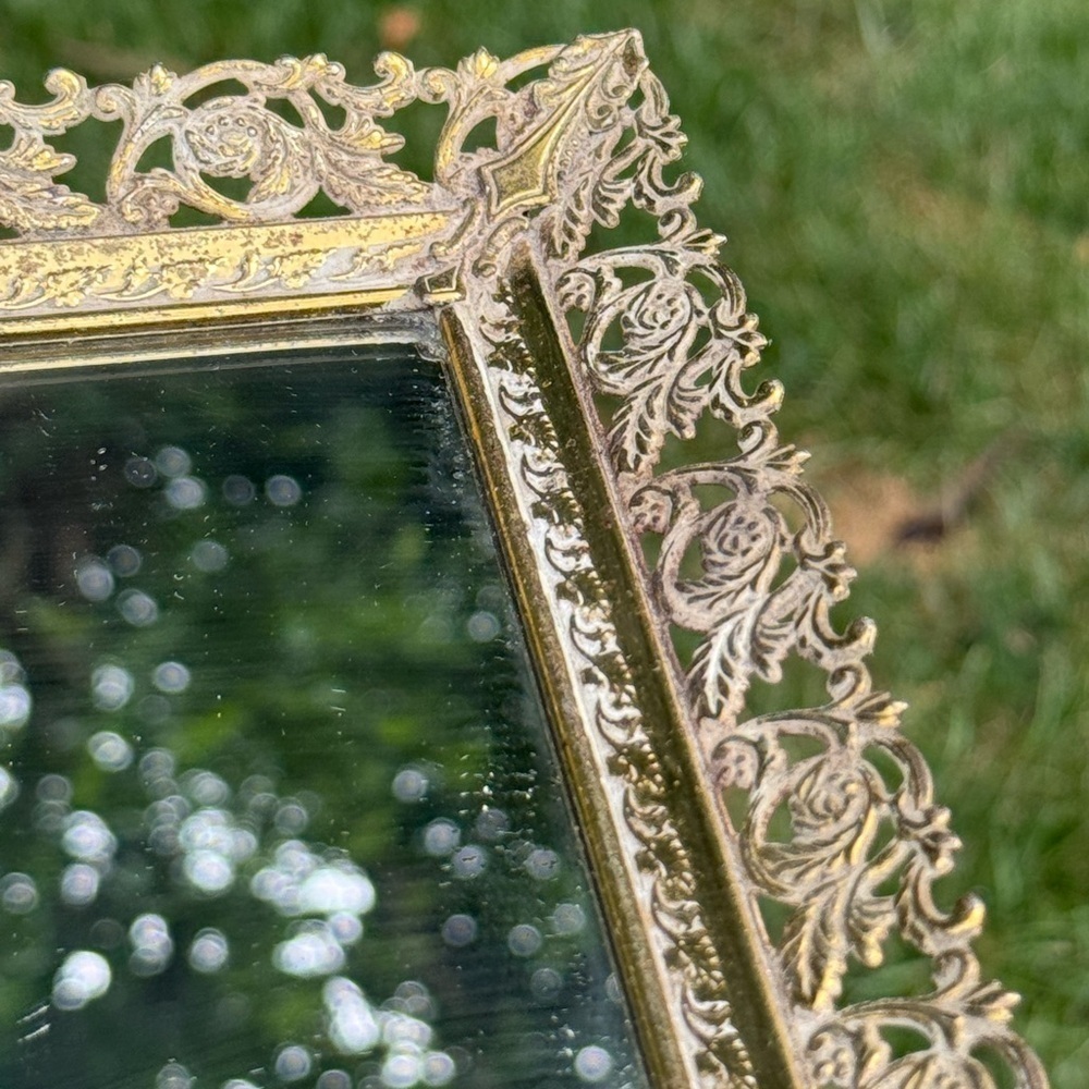 Vintage Estate Ornate Brass Footed Mirrored Vanity Tray - Picture 10 of 11